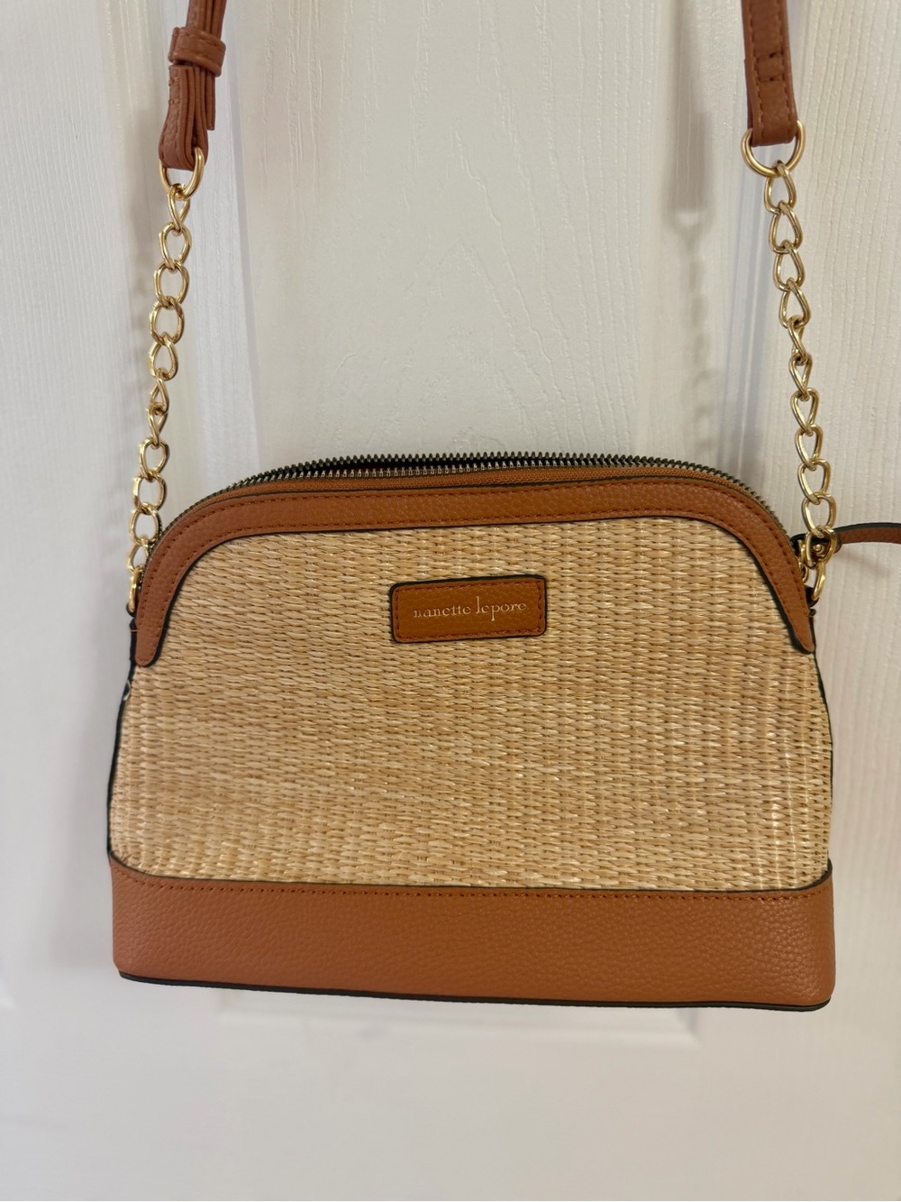 Nanette Lepore Tan and Natural Woven Crossbody with Gold Chain